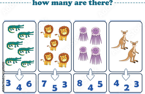 Counting game of wild animals for preschool kids. Printable. Vector Illustration