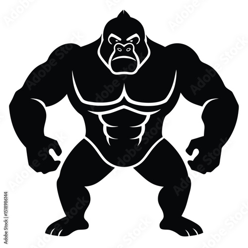 Bold Black Gorilla Illustration Powerful, Muscular Ape with White Accents and Intimidating Gaze