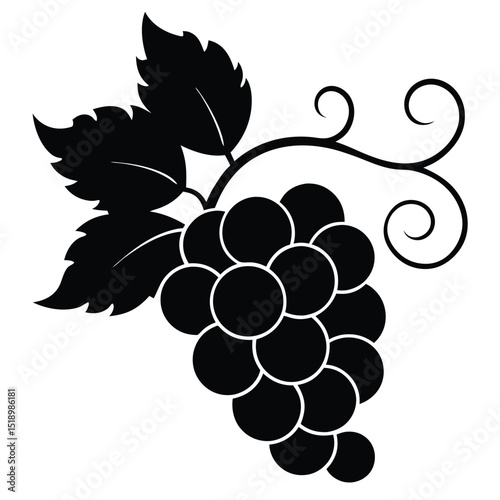 Bold Grape Cluster Illustration with Leaves and Curling Stem, Simple Black Silhouette