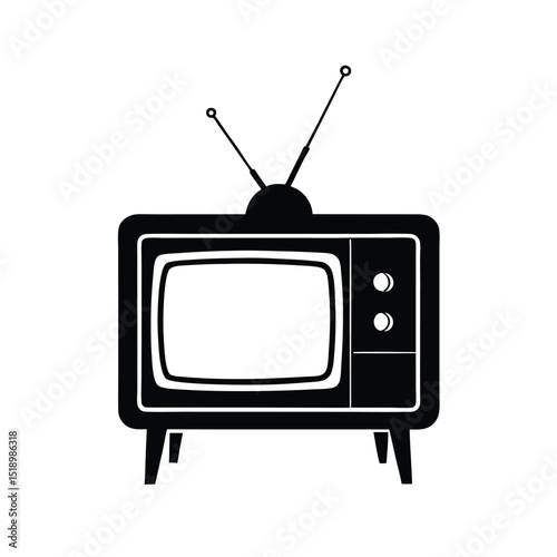 Classic Black and White Television Set Illustration with Antennae and Control Knobs