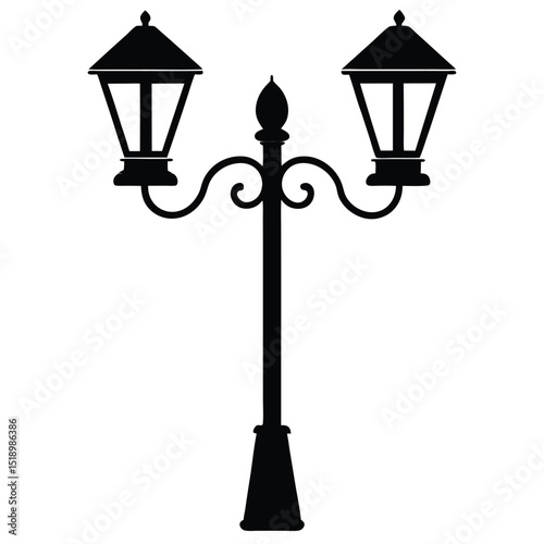 Dual Headed Victorian Style Street Lamp Silhouette Illustration on White Background