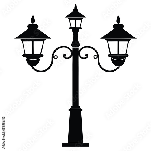 Elegant Black Silhouette of a ThreeLantern Streetlight with Decorative Scrolls and Ornate Details