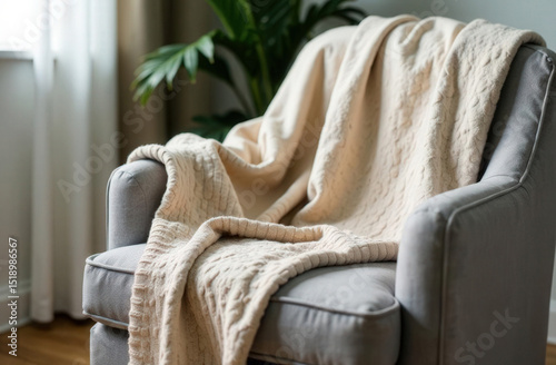Cozy knitted blanket on a gray armchair in the living room, the atmosphere of comfort and warmth at home