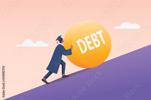 debt student loan concept, economic crisis,  struggle graduate student rolling gold coin up hill, mix emotional of  fear uncertainty anxiety