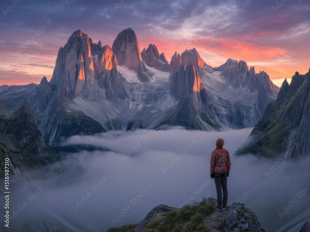 Fototapeta premium Majestic mountain sunrise solo hiker fog valley