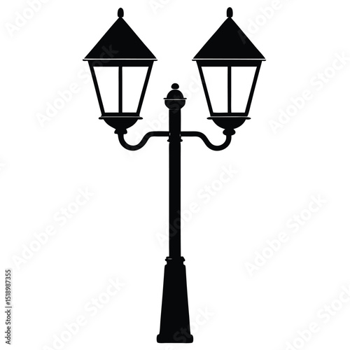 Silhouette of a Classic Outdoor Lamp Post with Two Lanterns on White