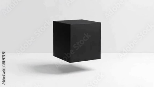 Floating black cube casting soft shadows on white surface