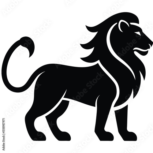 Stylized Black Lion Silhouette Regal Feline Standing in Profile, Bold Design