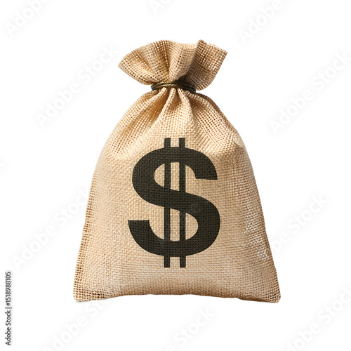 Burlap money bag with dollar sign, representing wealth, finance, savings, and investment, isolated on transparent background. 