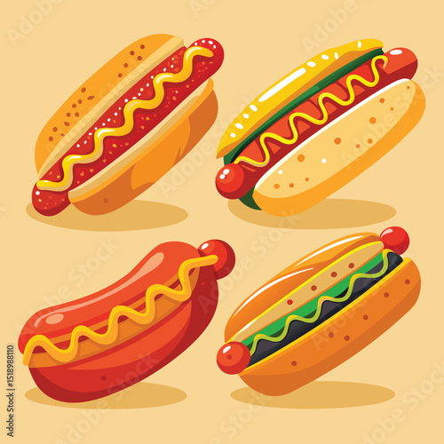 Hot dog vector illustration with mustard, a classic fast food snack or lunch meal