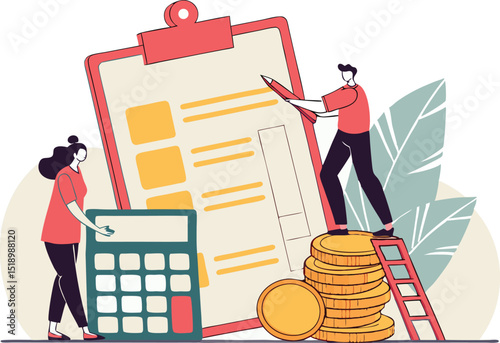 Tiny Accountant Characters Make Accountant Report Check Money Balance at Huge Clip Board Calculate Bookkeeping Data.