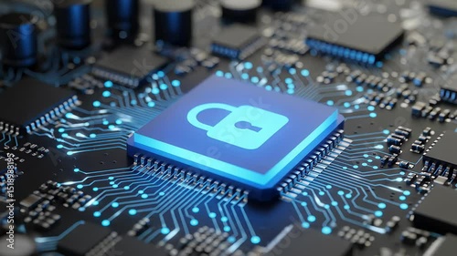Blue Glowing Padlock on Circuit Board: Digital Security Concept