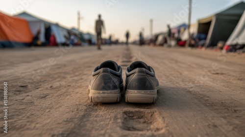 World refugee day, shoes mark a refugee camps edge.