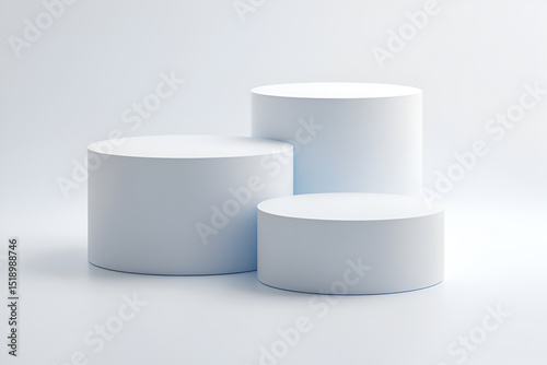 Minimalist studio shot featuring three white cylindrical pedestals of varying heights arranged on a pristine white background.