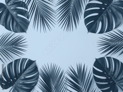 Tropical blue monstera palm leaves frame background