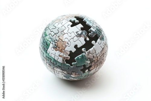 isolated puzzle sphere on white background, last jigsaw piece completing the shape