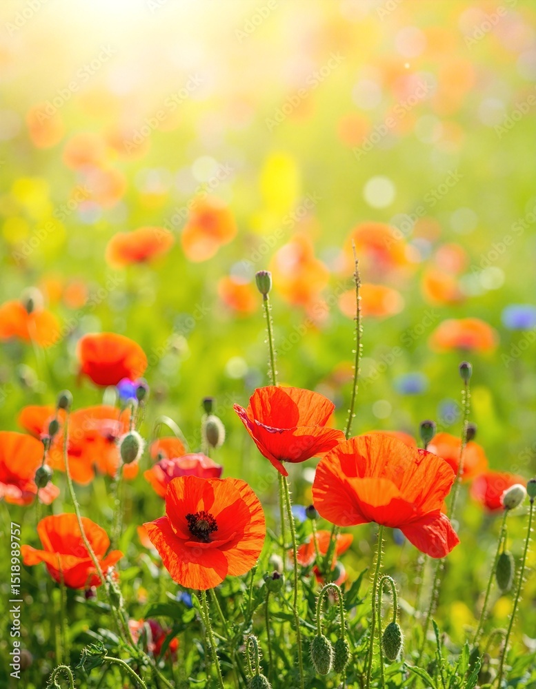 Obraz premium A vibrant field of red poppy flowers sways gently in the breeze, illuminated by warm sunlight, creating a stunning contrast against a clear blue sky.
