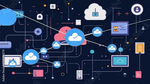 Wallpaper Mural Abstract digital network illustration showcasing interconnected devices and cloud technology elements Torontodigital.ca