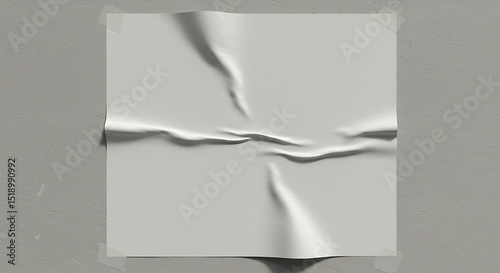 Crumpled White Paper on Textured Gray Wall, Taped and Shadowed