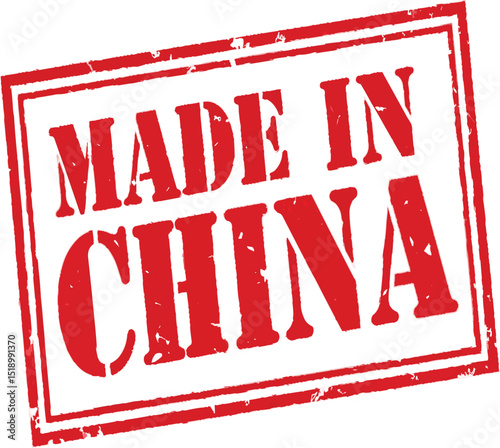 A red rubber stamp with the words made in china  with a rectangular border around it on transparent background