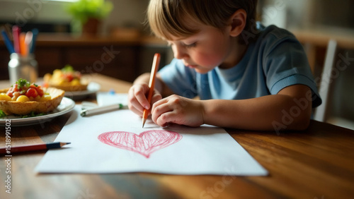 A kitchen table with school supplies: pencil case, ruler, colored pens, and a child’s drawing in progress. Overhead light, slight mess, warm tones, documentary style