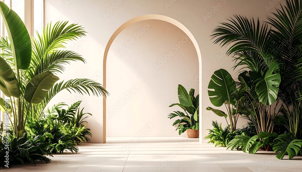 Fototapeta premium Minimalist Interior Design with Arch and Tropical Plants.contemporary, display, image, minimalist, photo, product, botanical, geometric, interior, life, scene, still, sunlight, surface, abstract,