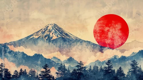 Ukiyoe of Mt. Fuji with Sunset/富士山と夕日の浮世絵1