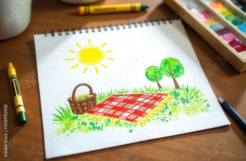 A flat lay of a child’s drawing of a sunny picnic with a blanket, basket and sun. Bright yellow and green crayons, playful naive style