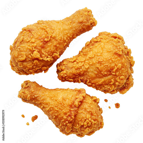 Three crispy fried chicken drumsticks isolated on transparent background
