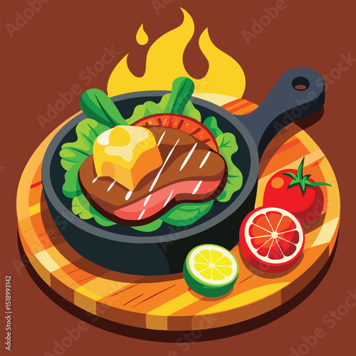 Grilled salmon steak with fresh vegetables and citrus fruits illustration on a healthy meal plate design