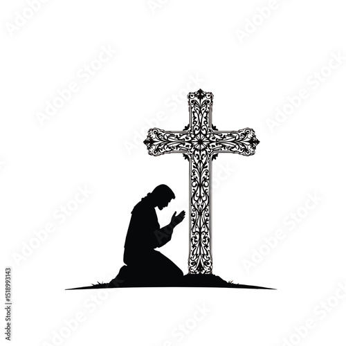 Silhouette of a Kneeling Person Praying Before an Ornate Cross – Spiritual Vector Artwork Symbolizing Faith, Devotion, and Reverence