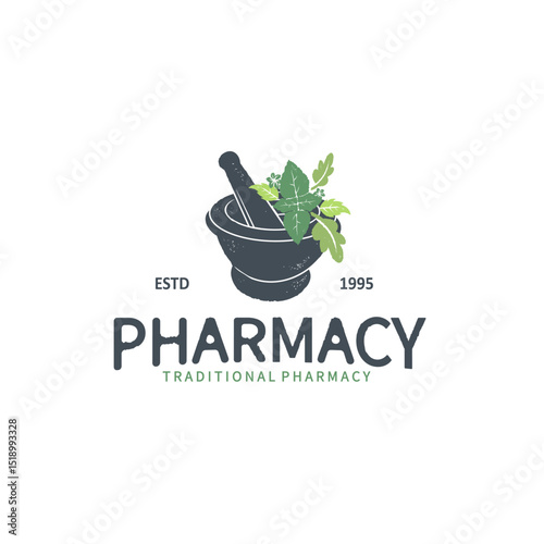 Traditional Pharmacy Logo with Herbal Mortar and Pestle – Vintage Apothecary Plant Medicine Vector