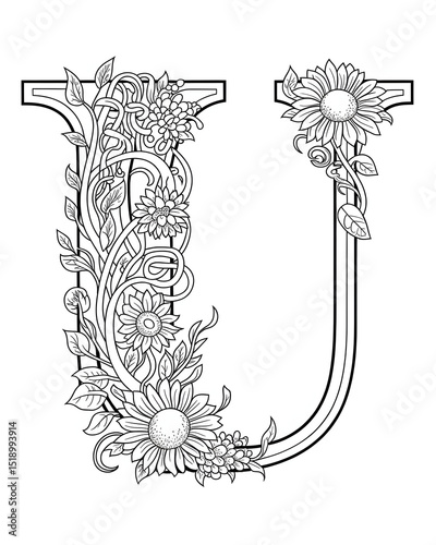 Black and White Line Art Floral Letter “U” with Sunflower Blooms and Ornate Botanical Designs

