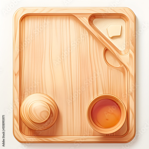 A 3D illustration of a rectangular wooden chopping board with rounded corners and juice groove
