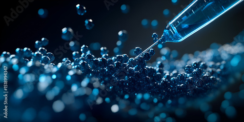 Close-up of syringe injecting blue liquid into droplets, Medical or scientific experiment with blue fluid, Droplet of blue liquid injected under microscope

