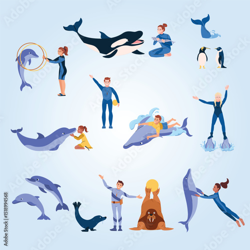 Dolphinarium flat set of handlers and animals during performance isolated on white background vector illustration