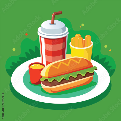 Vector illustration of a delicious fast food meal featuring a hot dog with ketchup, burger, and various snacks