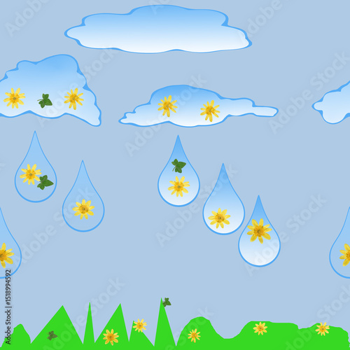 Website design element. Repeating raster pattern, seamless floral ornament stripe. Framing with floral motifs. Seamless horizontal stripe for textile. Seamless pattern of clouds with raindrops.