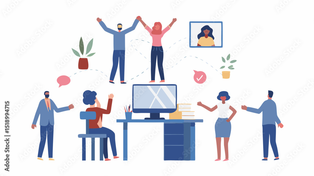 Team celebrating success with raised arms in office environment with computer and online meeting setup Team celebrating success with raised arms in office environment with computer and online meeting setup