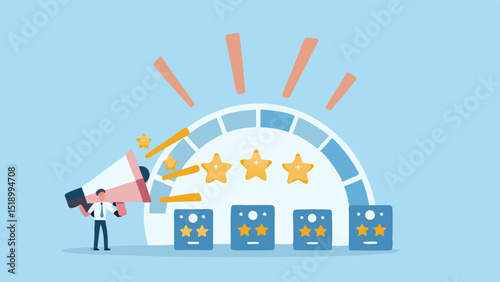 Man with megaphone promoting customer satisfaction with star ratings and feedback indicators