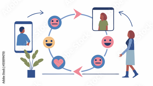 Person interacting with a mobile device and a computer screen in a circular feedback loop process