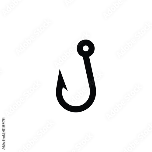 Simple Black Fishing Hook Illustration on White Background, Angling Equipment Icon
