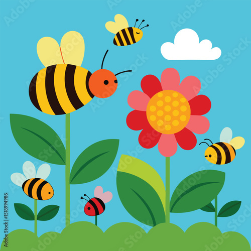 Bees pollinating flowers in a garden a vibrant vector illustration