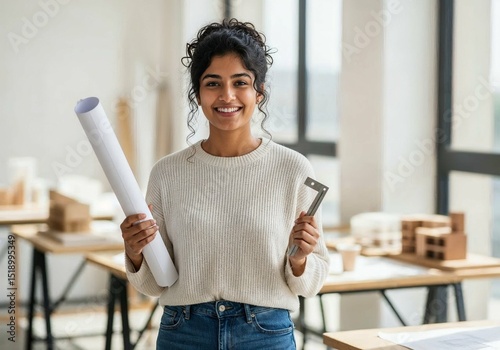 Confident young Indian female architect student holding blueprints and drafting tool in a modern design studio