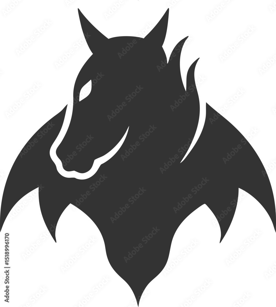 Fototapeta premium Horse Head Silhouette With Horns and Bat Wings With Transparent Background