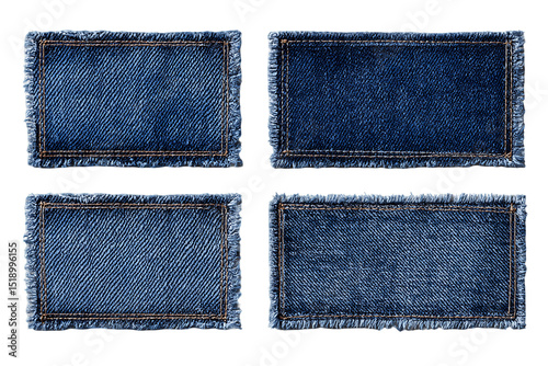 Four Blue Denim Labels with Frayed Edges on Transparent Background, PNG