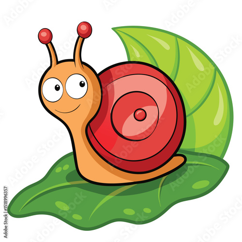 Cute cartoon snail with a leaf and a shell, a funny animal vector illustration