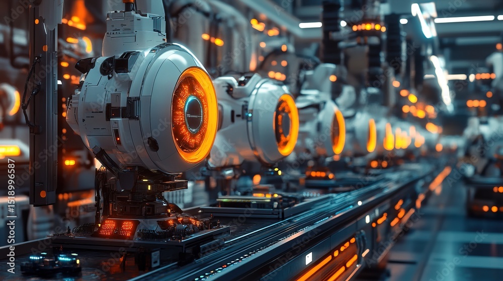 A futuristic robotic assembly line with neon-enhanced AI sensors A futuristic robotic assembly line with neon-enhanced AI sensors