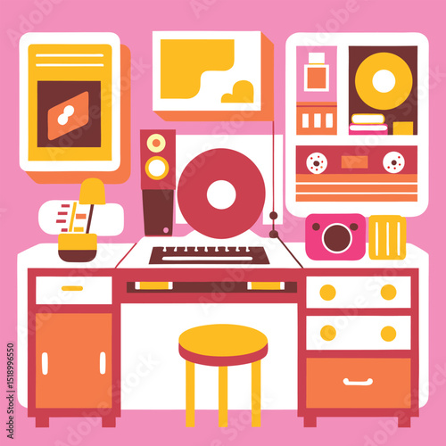 Animated tokyo room design with desk and record player