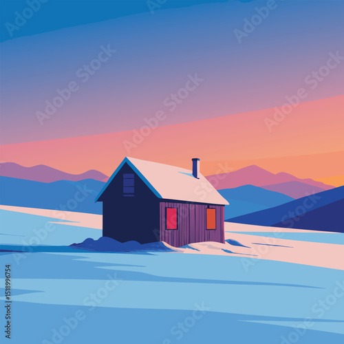 Rustic cabin in snowy field with vibrant sun